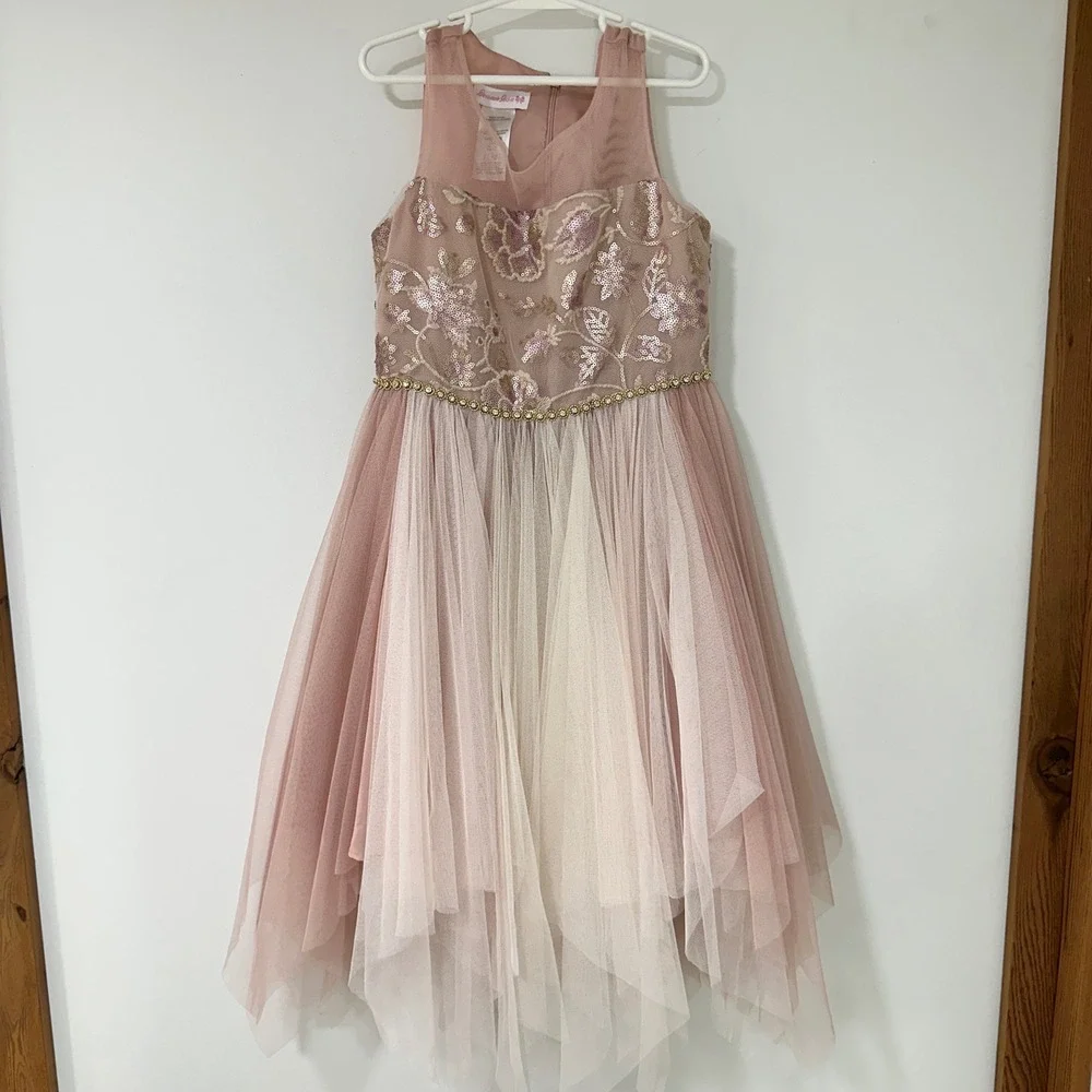 Bonnie Jean Sequin Floral Tulle Dress Girls Size 10 Blush Pink‎ Handkerchief Hem